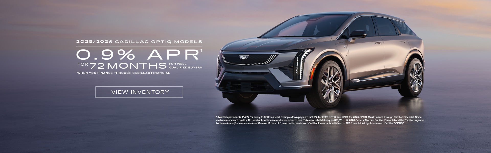 2025 and 2026 Cadillac OPTIQ. 0.9% APR for 72 months.
